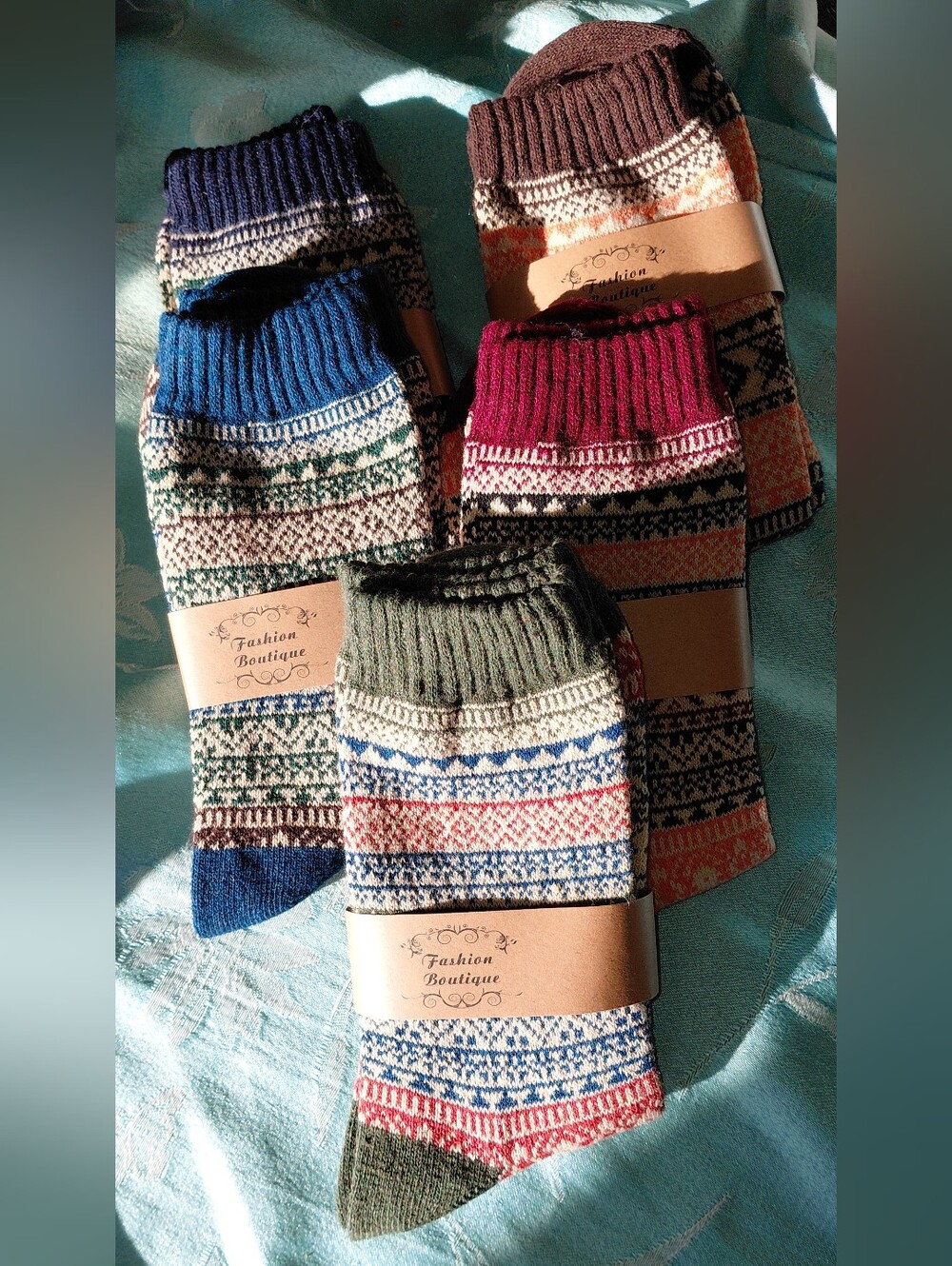Patterned Crew Socks - Olive, Blue, Burgundy, Brown, Navy